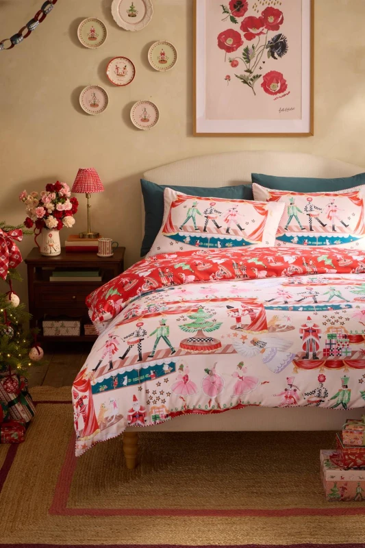 Image of Cath Kidston 'Christmas Nutcracker Scene' Reversible Duvet Cover Set in Red Size: Single Red Unisex Single