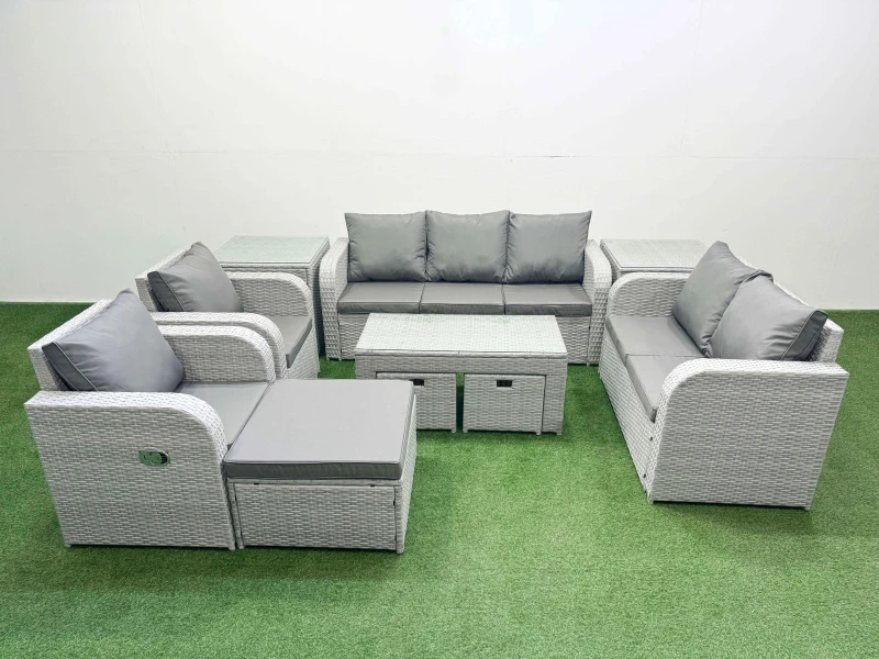 Image of Fimous PE Rattan Garden Furniture Set Adjustable Chair Sofa Double Love Seat 2 Seater Sofa Lounge Set Rectangular Coffee Table 3 Stools 2 Side Table L