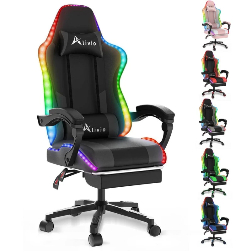 Image of Alivio Wireless App Control LED Gaming Chair with Massage Lumbar Cushion in Black Unisex