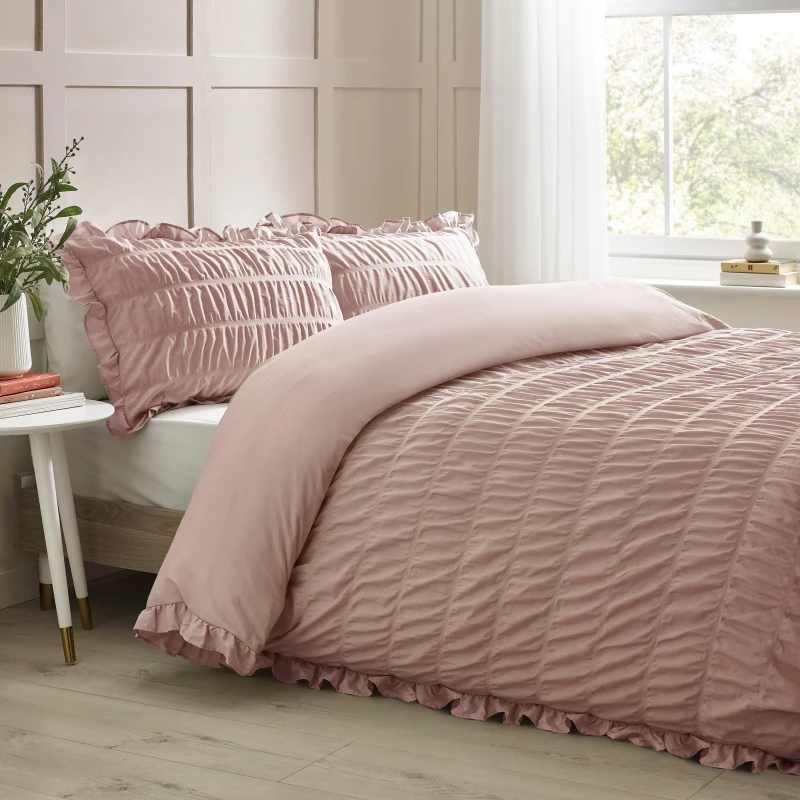Image of Catherine Lansfield Seersucker Frill Easy Care Duvet Cover Bedding Set Pink