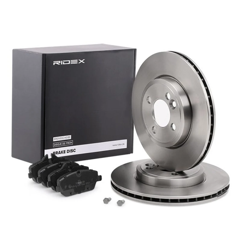 Image of RIDEX 3405B0380 Brake disc and pads set Front Axle, Brake Disc Type: Vented, prepared for wear warning indicator Brake Set,disc brakes (3405)