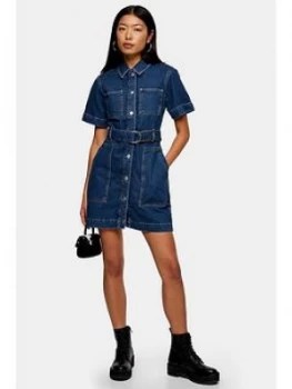 Image of Topshop Denim Patch Pocket Shirt Dress - Blue
