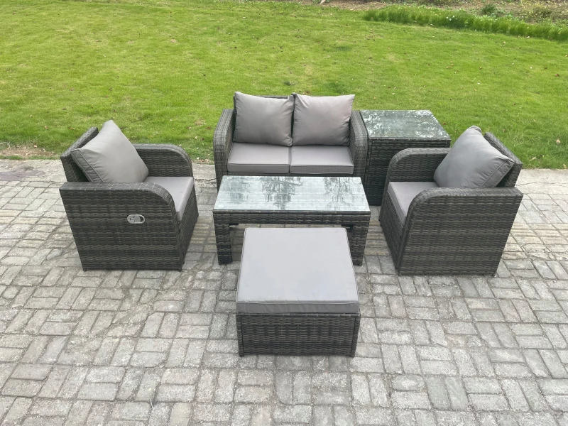 Image of Fimous Rattan Lounge Sofa Set Outdoor Garden Furniture Set with Rectangular Coffee Table Big Footstool Love Sofa Side Table Dark Grey