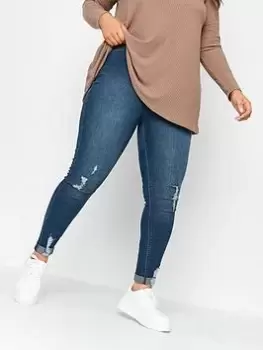 Image of Yours Grace Turn Up Jeggings Mid Blue Ripped, Blue, Size 18, Women