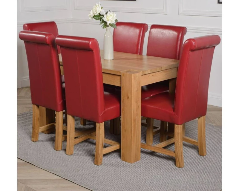 Image of Thats Furniture Kuba 125x80cm Chunky Oak Small Dining Table & 6 Washington Leather Chairs in Red Size: 125x80cm Red Unisex 125x80 cm