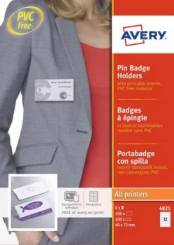 image of Avery Pin Badge Holders 40x75mm 108 Inserts 100 Holders