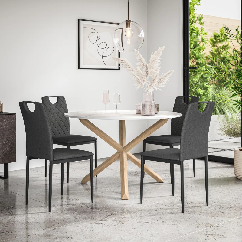 Image of More4Homes Malvern Round Dining Table And Chairs - Marble Table Top W Solid Oak Legs + Monza Fabric Dining Chair Set Of 4 (Charcoal)
