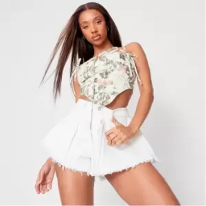 image of Missguided Floaty Pleated Denim Shorts - White