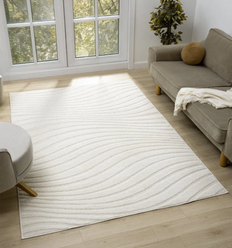 Image of Aya Living Room Area Rugs - Embossed Waves Design Cream 80Cm X 150Cm