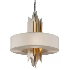 image of Modernist 6 Light Pendant Polished Stainless Steel, Gold Leaf, Fabric Shade