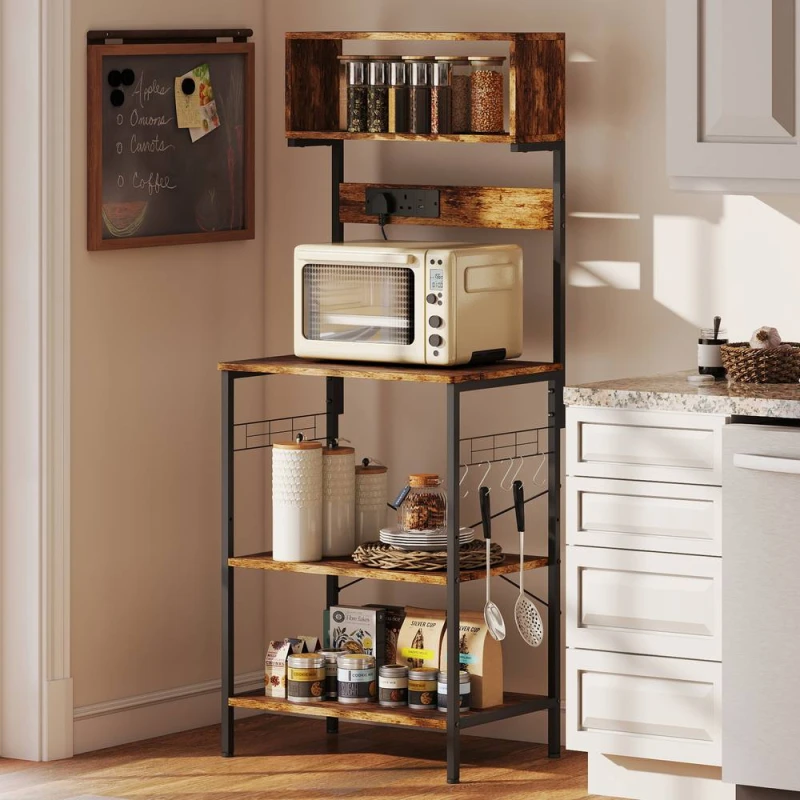Image of HOMCOM Bakers Rack with Power Outlet, 5 Hooks, Microwave Stand, Brown Brown Unisex