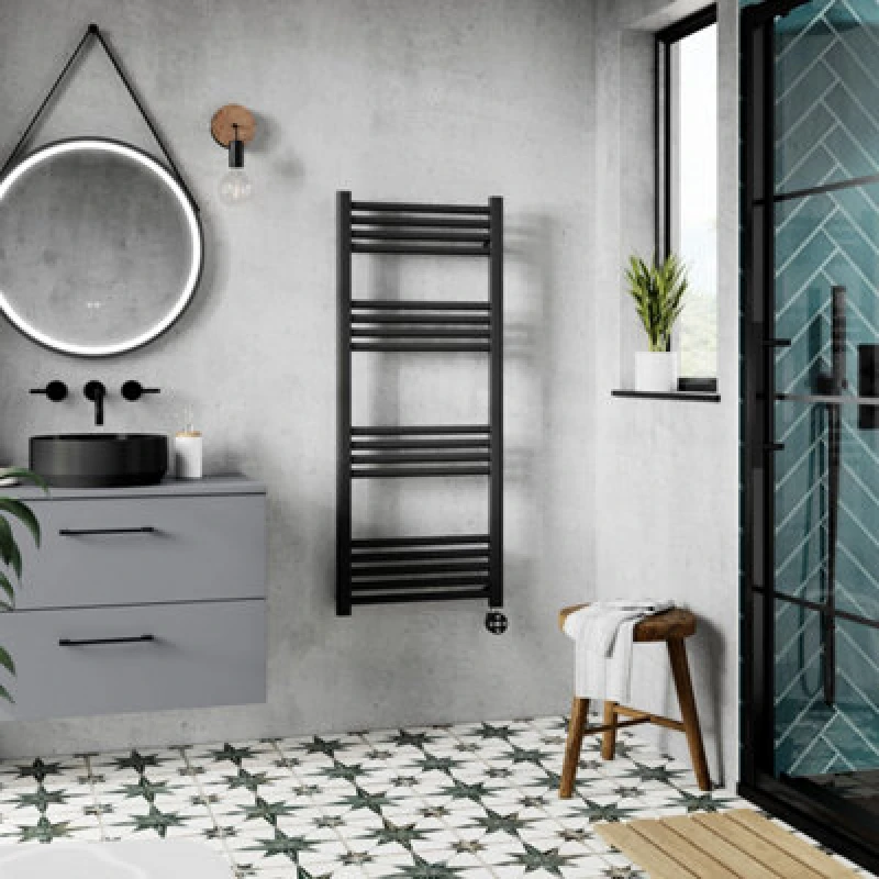 Image of NUIE Nuie Round Bar Electric Heated Towel Rail 1200mm H x 500mm W - Matt Black MTY460