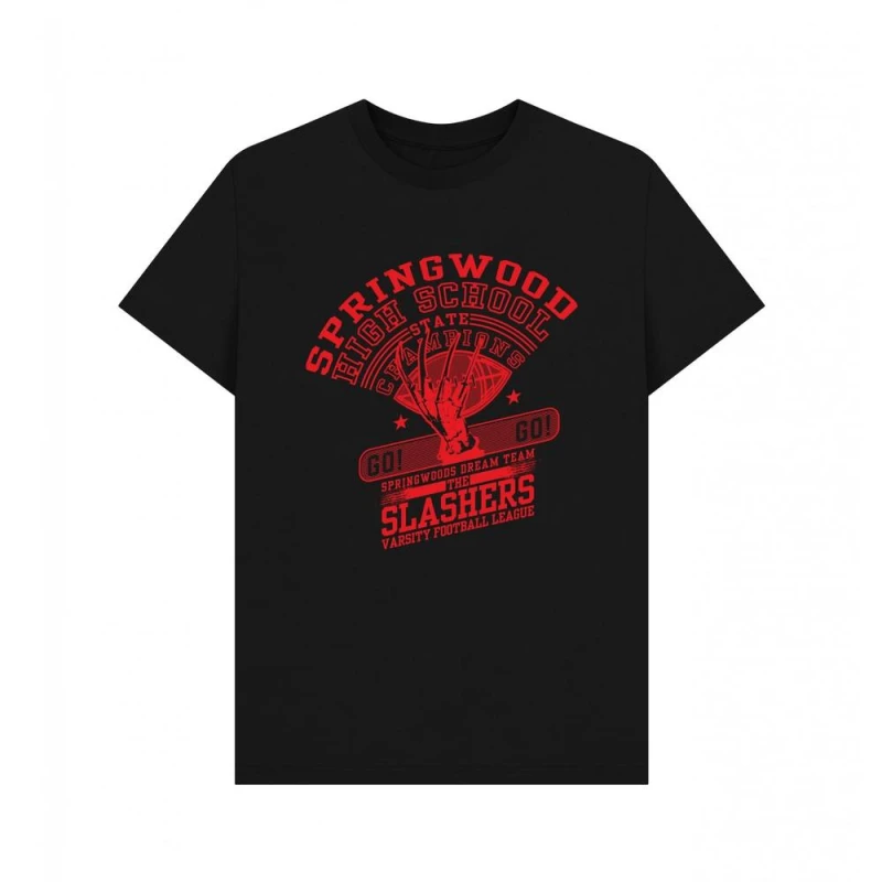 Image of A Nightmare On Elm Street Mens Springwood Slashers Graphic T-Shirt in Black Size: Small Black Male S