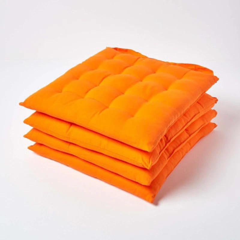 Image of Homescapes Plain Seat Pad with Button Straps, 40 x 40cm, Set of 4 Orange