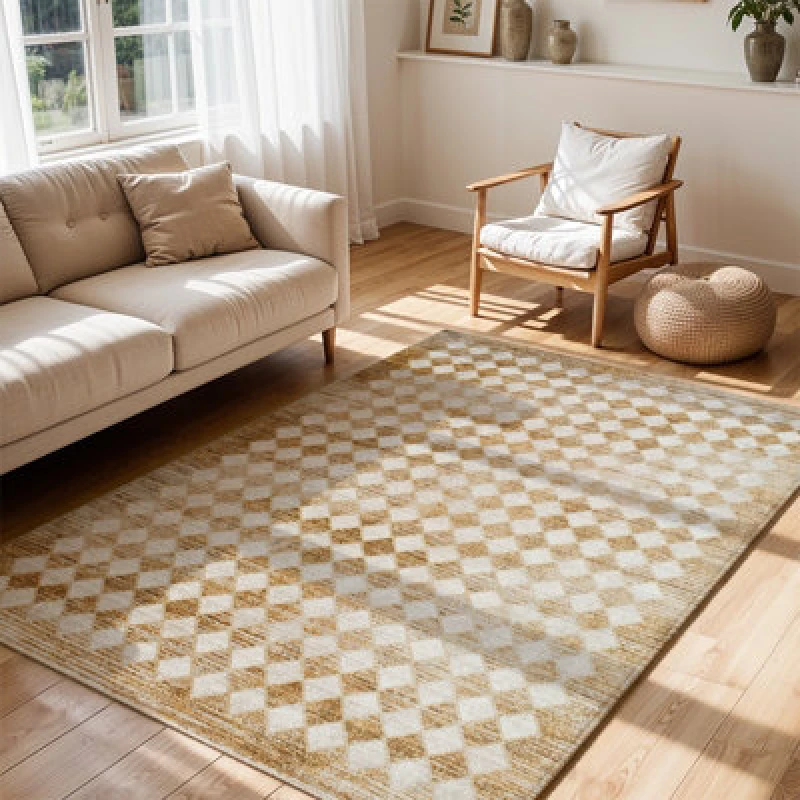Image of Galey Alix X Livabliss Scandi Geometric Mustard/cream Myrtle Avenue V Area Rug 160 X 230 Cm - Ideal For Living Room & Bedroom