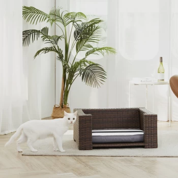 Image of Clotho Indoor Outdoor Rattan Cat or Small Dog Elevated Bed Lounger with Removeable Washable Cushion Brown ST-N10005-UK - Brown - Teamson Pets