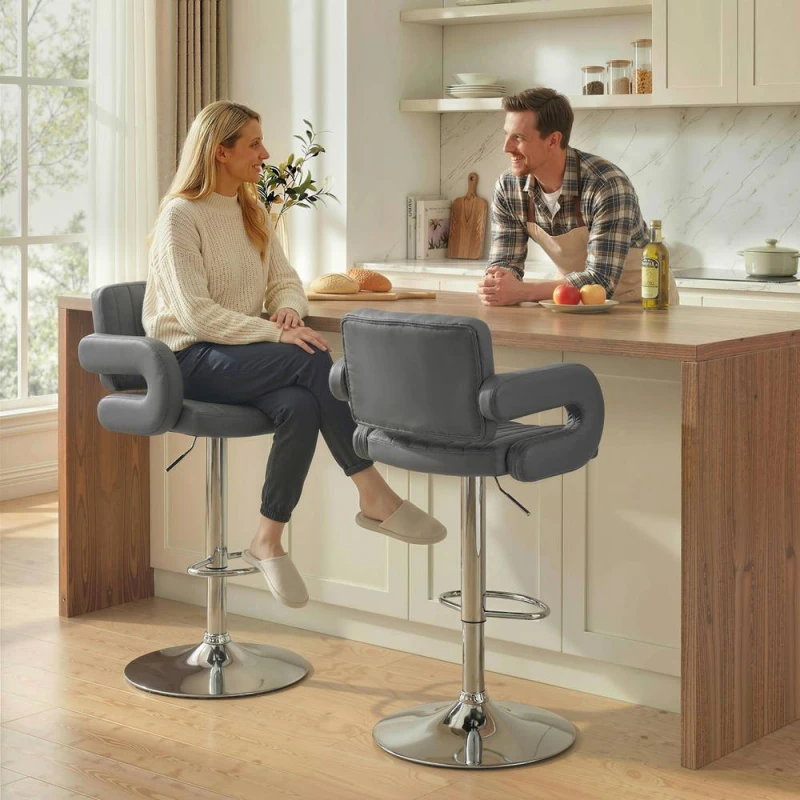 Image of HOMCOM Bar Stools Adjustable Swivel with Armrest Set of 2 Grey Grey Unisex