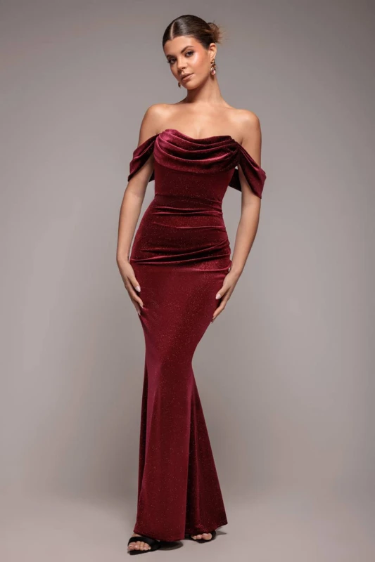 Image of Goddiva Womens Glitter Velvet Cowl Neck Pleated Waist Maxi Dress in Wine Size: 12 Wine Female 12