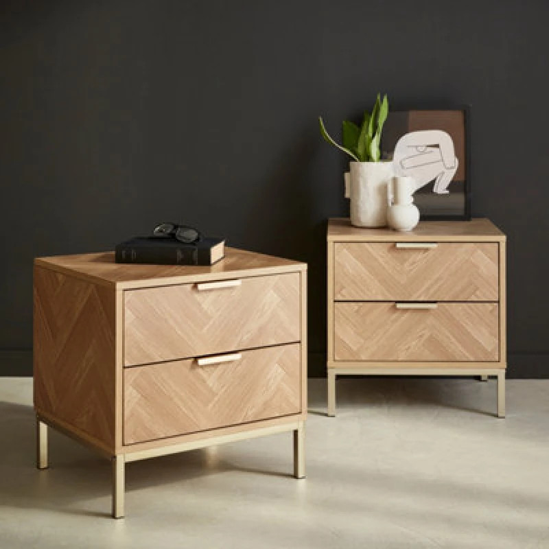 Image of sweeek Pair Of Herringbone Bedside Tables With 2 Drawers Light Brown