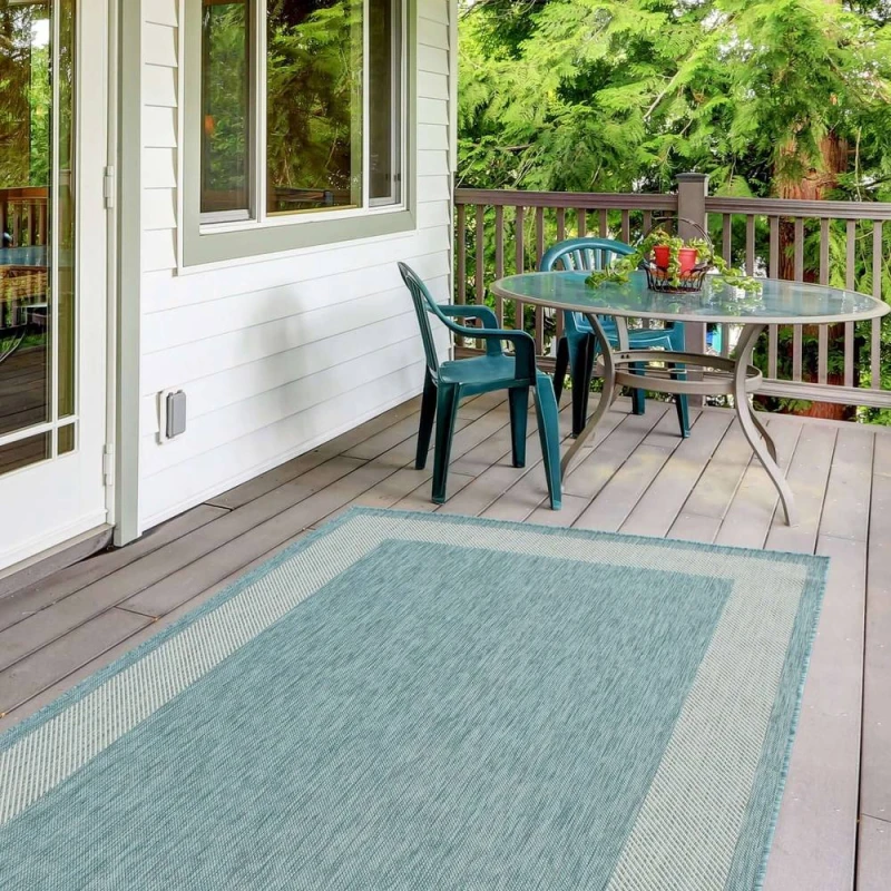 Image of THE RUGS Outdoor Indoor Aqua Bordered Rug Weatherproof Jet Washable Size: 120cm x 170cm Aqua Unisex 120cm x 170 cm
