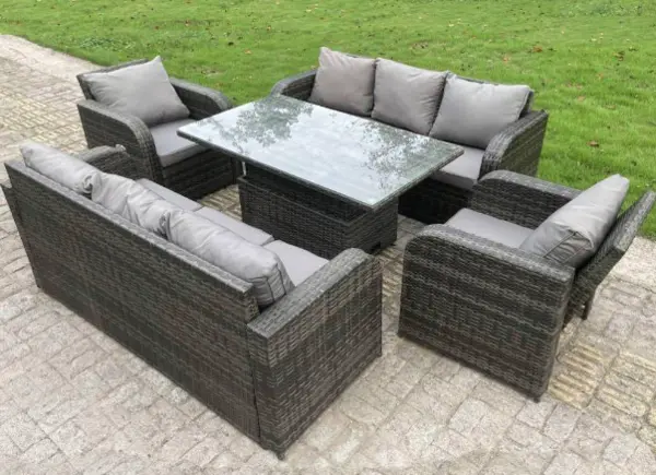 Image of Fimous 8 Seater Outdoor Dark Grey Rattan Lounge Complete Sofa Set with Adjustable Dining Table and Reclining Chairs
