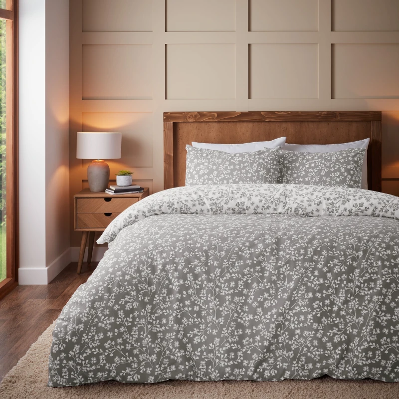 Image of Catherine Lansfield Grey Grace Floral Leaf 100% Duvet Cover and Pillowcase Set Grey