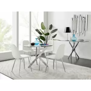 Image of Furniturebox UK - Furniturebox Novara Chrome Metal And Glass 100cm Round Dining Table And 4 White Corona Faux Leather Dining Chairs with Silver Legs