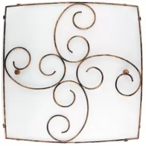 Image of Merano Davenport 2 Light Decorative Flush Ceiling Light Satinated White Glass, Antique Brown Metal LED E27