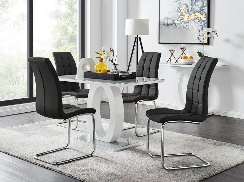 Image of FurnitureboxUK FurnitureboxUK Giovani Grey White Modern High Gloss And Glass Dining Table And 4 Murano Chairs Set in Black One Size Unisex 50565