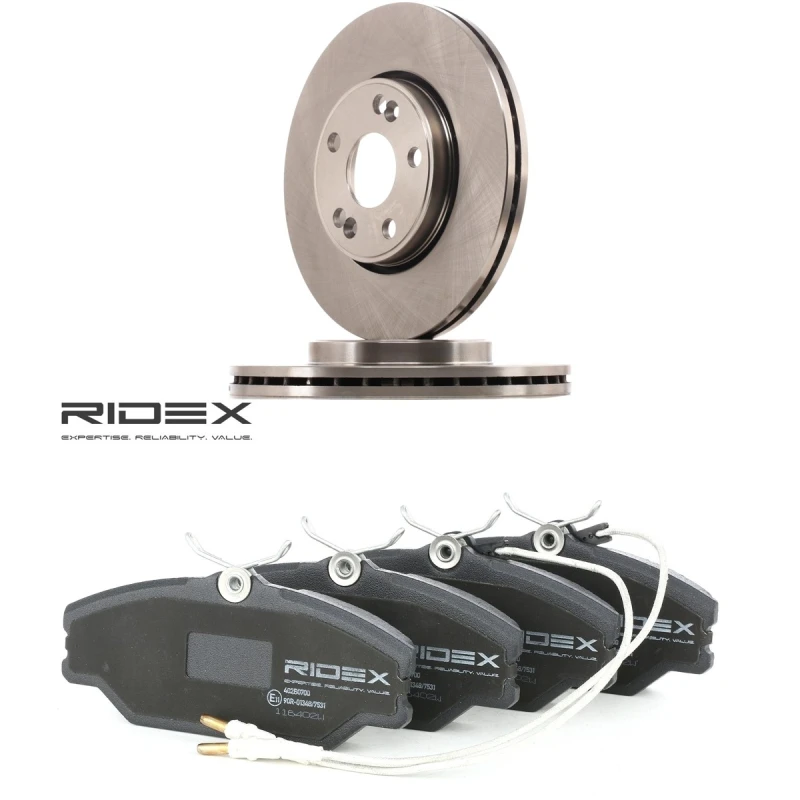 Image of RIDEX 3405B2557 Brake disc and pads set Front Axle, Brake Disc Type: Externally Vented, incl. wear warning contact Brake Set,disc brakes (3405)