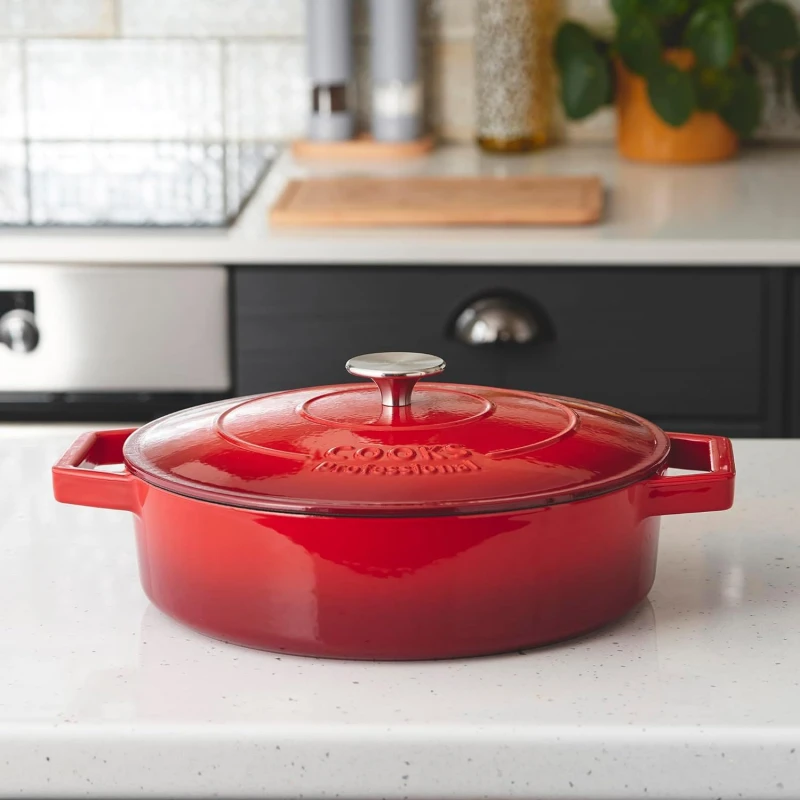 Image of Cooks Professional Cast Iron Casserole Dish 28cm Oven Proof Enamelled Pan with Lid Red