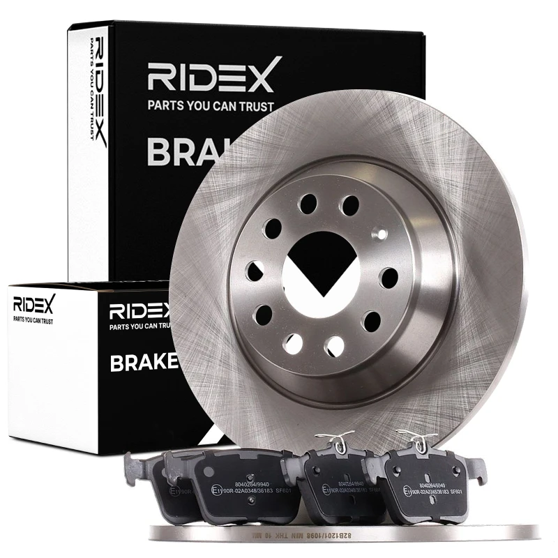 Image of RIDEX 3405B0394 Brake disc and pads set Rear Axle, Brake Disc Type: Solid, excl. wear warning contact Brake Set,disc brakes (3405)