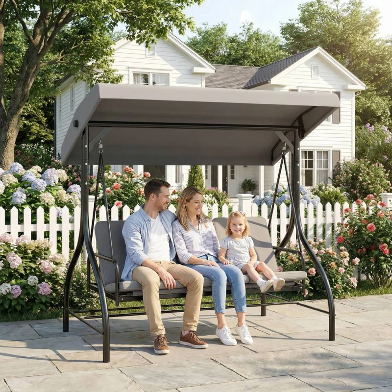 Image of Outsunny 3 Seater Canopy Swing Chair Porch Hammock Bed, Light Grey