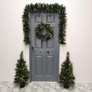 image of Set of 4 Premier Pre Lit Christmas Door Decoration Kit PVC/ Cashmere - 90cm Trees / Garland & 50cm Wreath