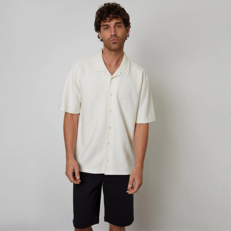 Image of Threadbare Antti Textured Revere Collar Short Sleeve Shirt Natural male M