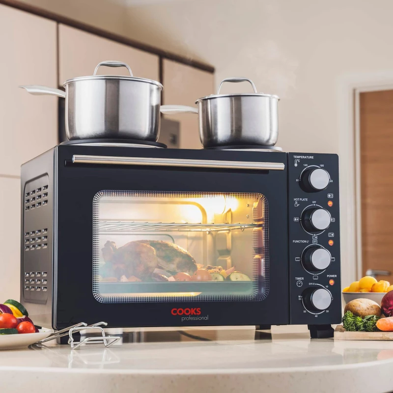 Image of Cooks Professional 28L Mini Oven Hob Cooker Grill With Electric Hob Double Hotplate Tabletop Black
