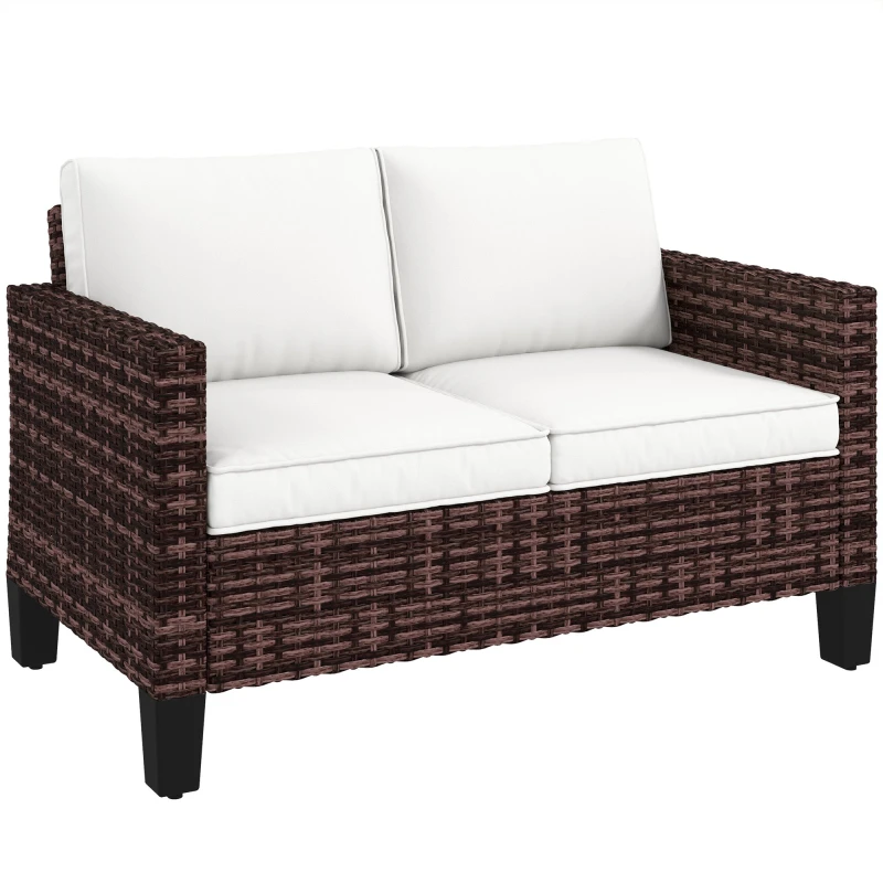 Image of Outsunny Outsunny Rattan Sofa with Cushions, 2 Seater Garden Furniture - Brown