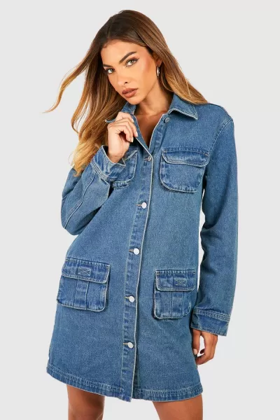 Image of boohoo Cargo Pocket Denim Shirt Dress Mid Navy