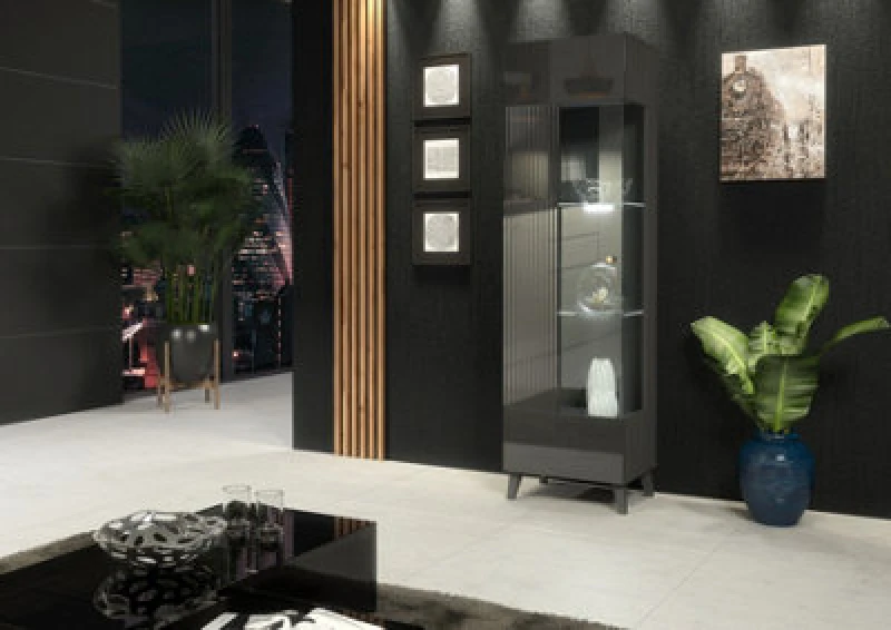 Image of Furneo Grey Display Cabinet Storage Modern Glass Cupboard High Gloss & Matt Azzurro 12G White LED Lights