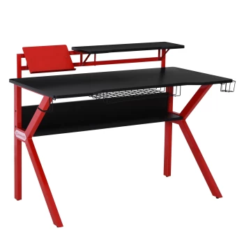 Image of HOMCOM Gaming Desk Computer Table Stable Metal Frame Adjustable Feet w/ Cup Holder Headphone Hook, Cable Basket - Red AOSOM UK
