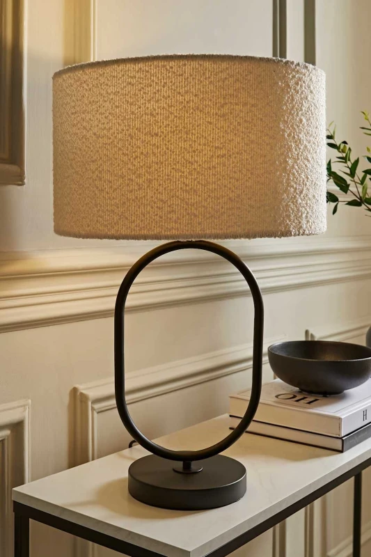 Image of ValueLights ValueLights Antonia Cream Boucle Drum Shade Matte Black Oval Table Lamp Black One Size Unisex 5059406064937