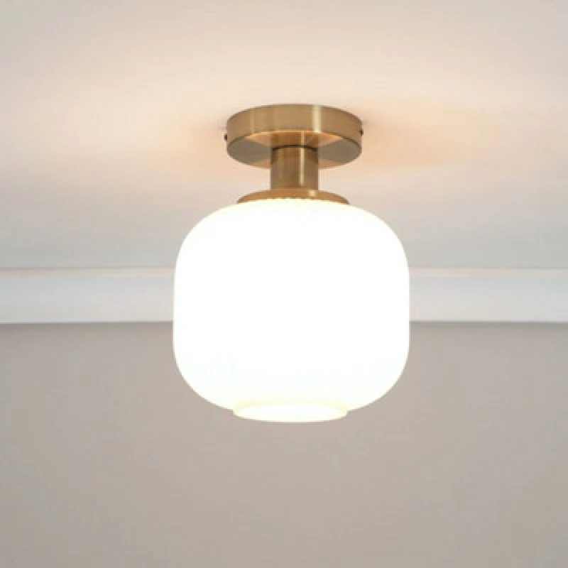 Image of ValueLights Calpe Opal Frosted Glass Shade Flush Gold Stem Ceiling Light with LED Bulb Gold