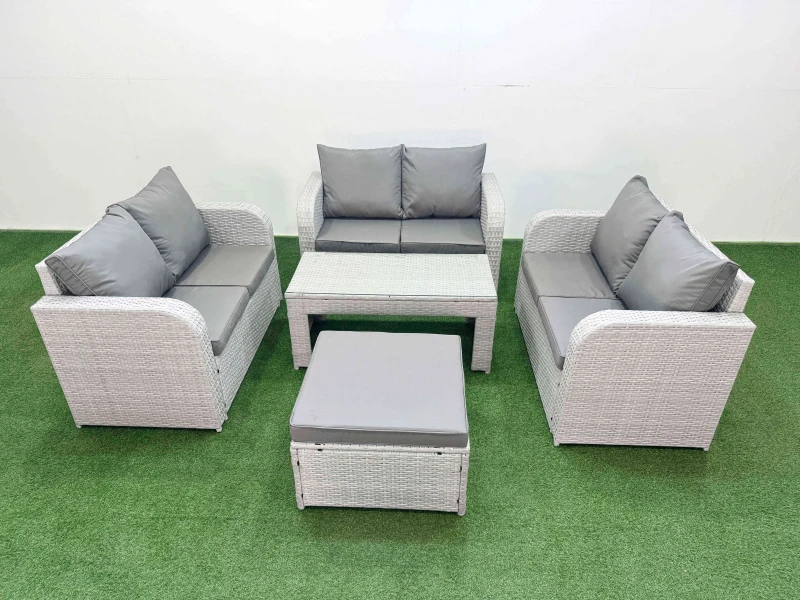 Image of Fimous 7 Seater PE Wicker Rattan Furniture Sofa Sets with Oblong Coffee Table 2 Seater Love Sofa Big Footstool Light Grey Light Grey