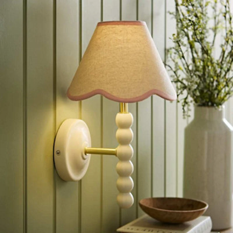 Image of Valuelights Bobbin Cream Bobble Wall Light And Pink Trim Linen Lamp Shade And Bulb