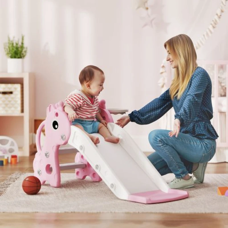 Image of AIYAPLAY 3 in 1 Kids Slide with Climber - Basketball Hoop and Ball - Pink TJ Hughes 5063603849174