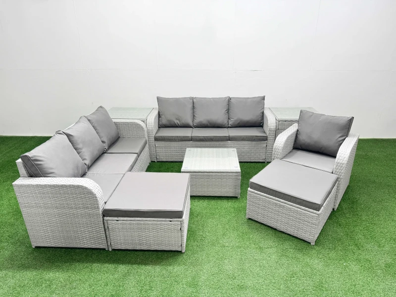 Image of Fimous 9 Seater Poly Rattan Outdoor Garden Furniture Square Coffee Table Sofa Set Patio 3 Seater Sofa Reclining Chair 3 Seater Sofa 2 Big Footstools 2