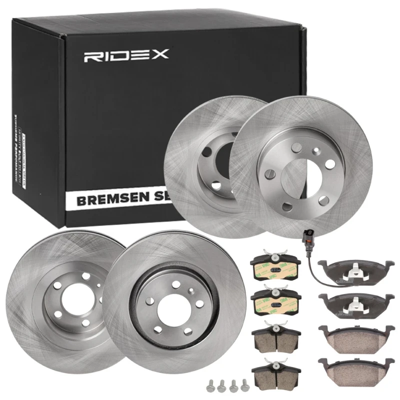Image of RIDEX 3405B0314 Brake disc and pads set Front Axle, Brake Disc Type: internally vented, incl. wear warning contact Brake Set,disc brakes (3405)