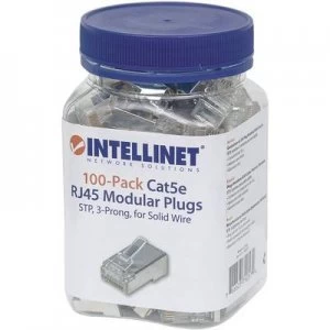 image of INTELLINET 100er-Pack Cat5e RJ45 modular plug STP 3-point wire contacting for solid wire 100 plugs in the beaker Crimp contact Silver Intellinet 79057