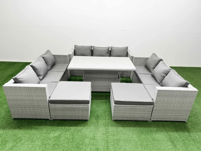 Image of Fimous 6 PCs Rising Dining Table Set Rattan Furniture Set with 3 Seater Sofa in Light Grey Light Grey Unisex
