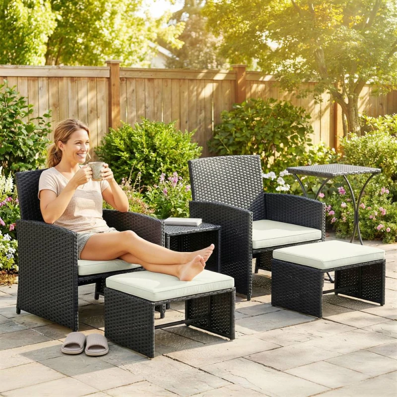 Image of OUTSUNNY 6 Piece Rattan Garden Furniture Set with Nesting Tables in Black Unisex